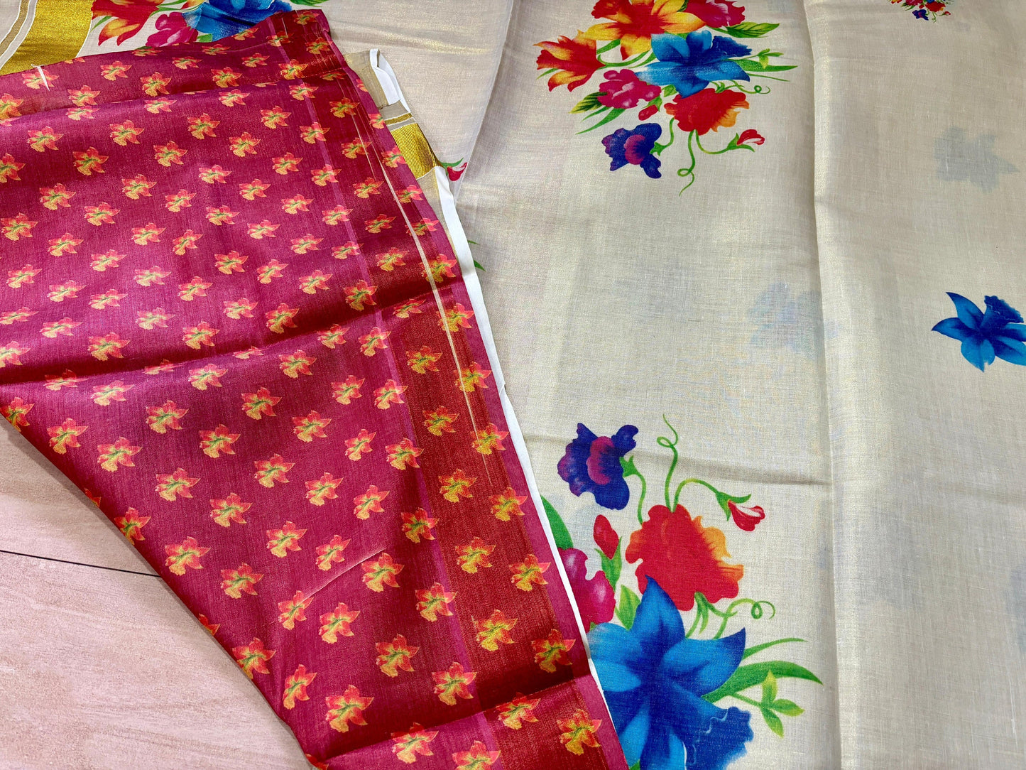 Kerala  Digital Flower Print Golden Tissue Ready to wear saree 6.25 mtr, Kerala Saree,Vishu saree,Onam,Marriage,party and other occasion etc