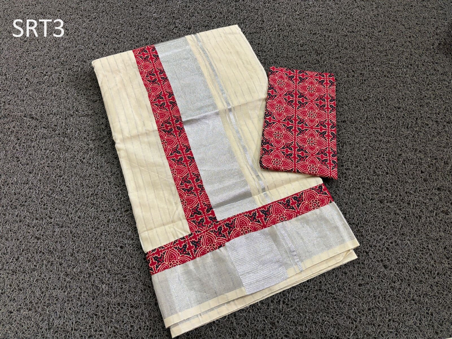 Kerala Traditional Silver Line Ajrakh Cotton Saree with Ajrakh stitched Blouse or Blouse Material Onam Saree Onakodi,vishu,marriage etc