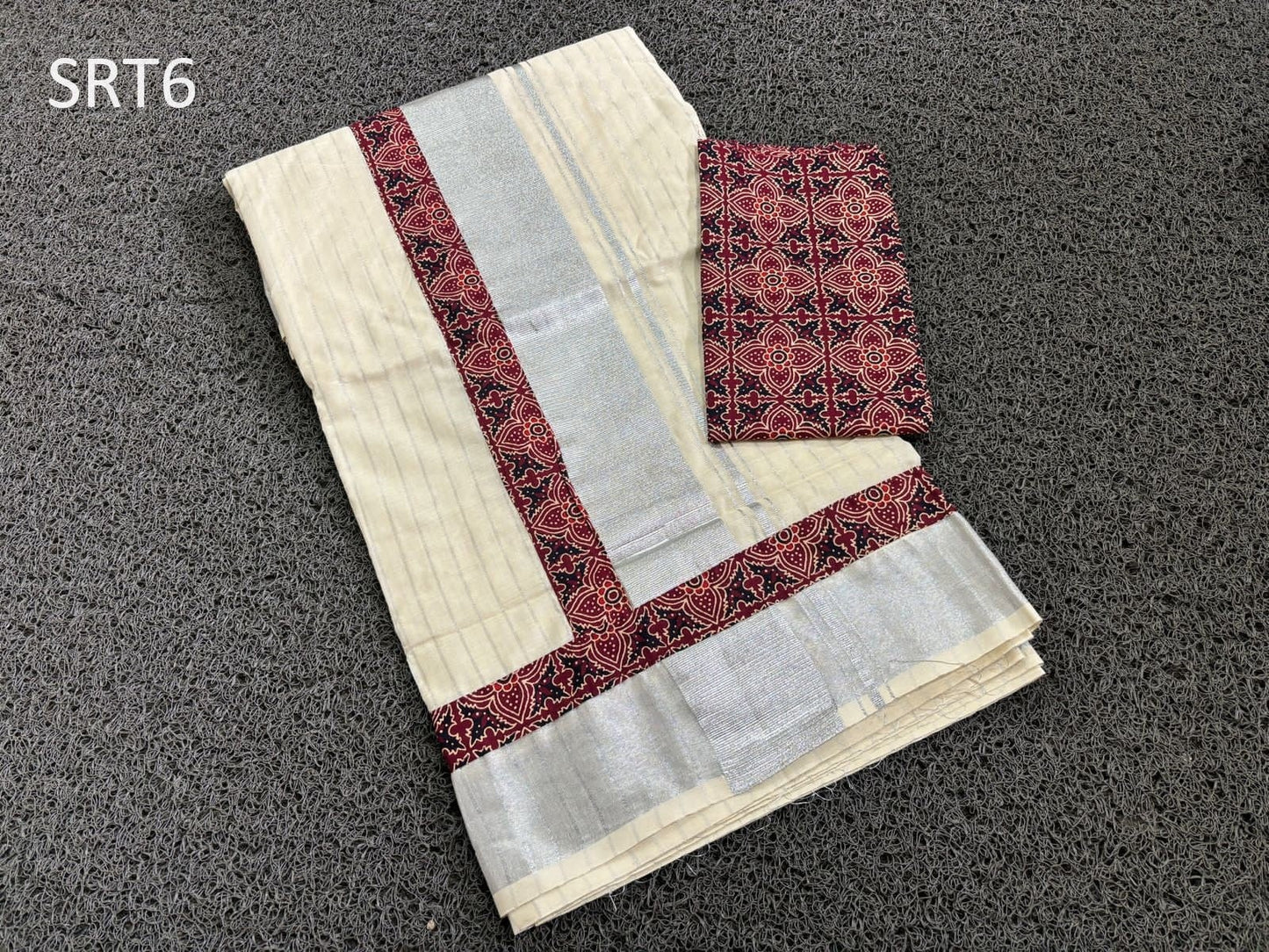 Kerala Traditional Silver Line Ajrakh Cotton Saree with Ajrakh stitched Blouse or Blouse Material Onam Saree Onakodi,vishu,marriage etc