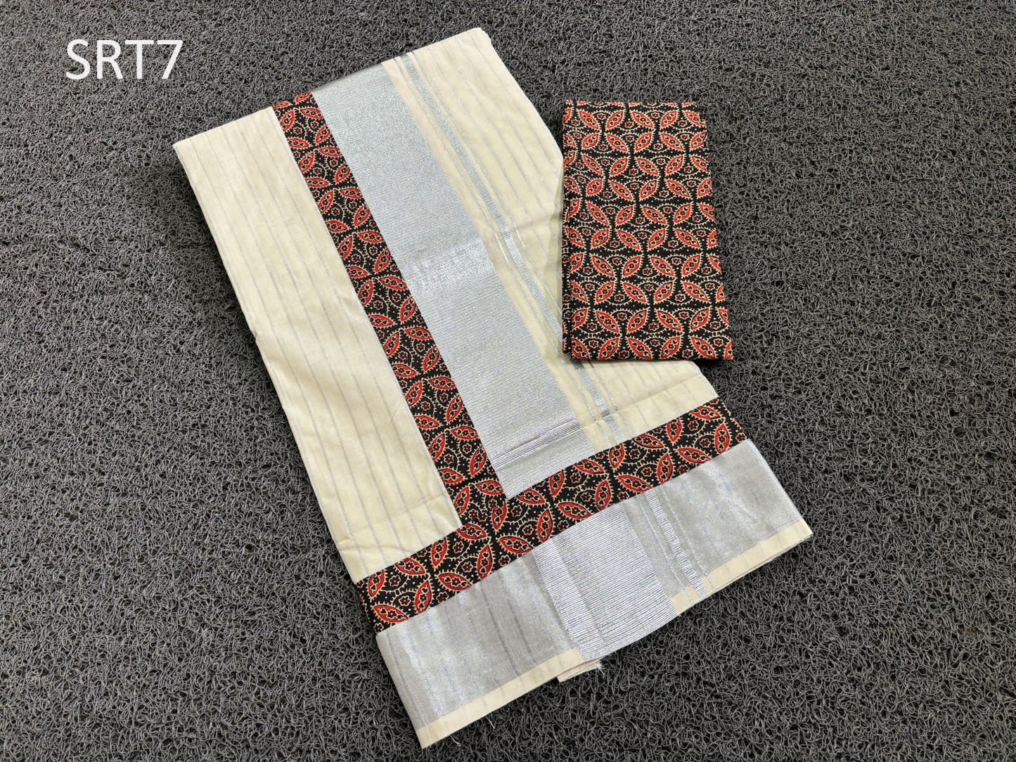 Kerala Traditional Silver Line Ajrakh Cotton Saree with Ajrakh stitched Blouse or Blouse Material Onam Saree Onakodi,vishu,marriage etc