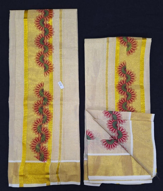 Border Flower Print Golden Tissue Setmundu 2.80 With Stitched Blouse or Blouse Material,Beautiful Kerala Designs,Onam,Vishu,Pooja Wear.