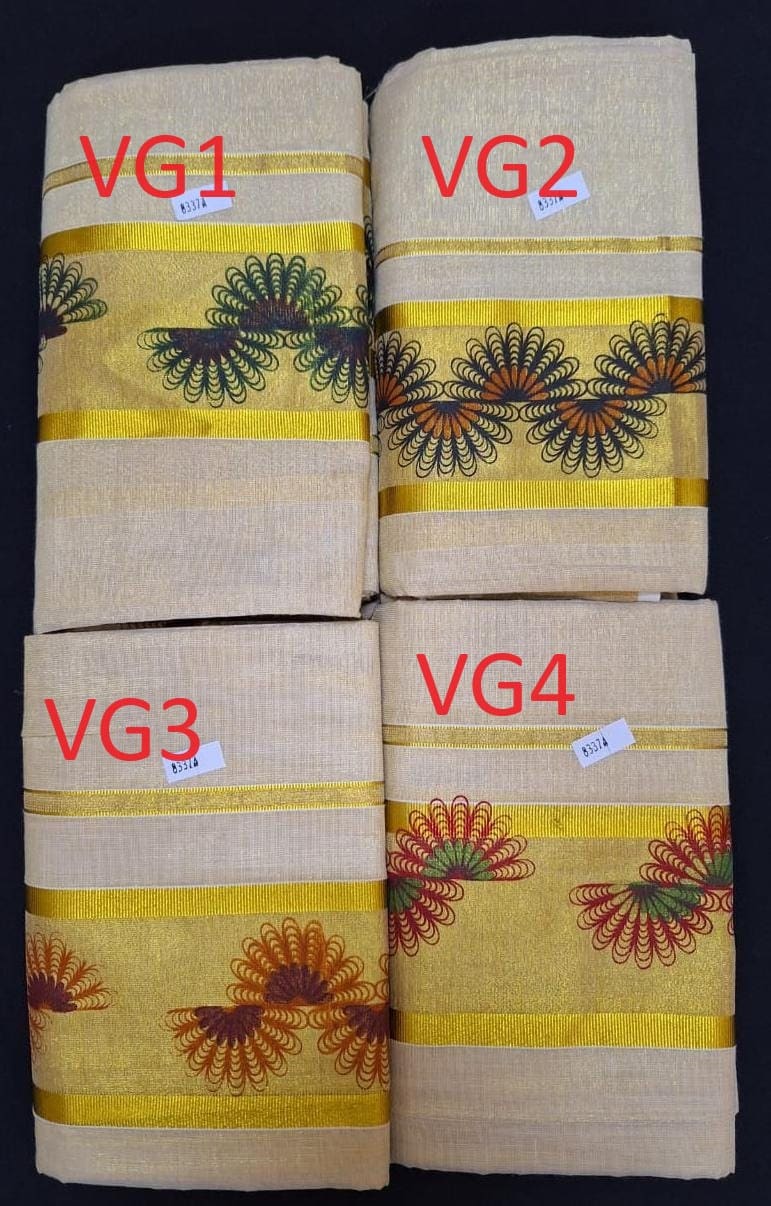 Border Flower Print Golden Tissue Setmundu 2.80 With Stitched Blouse or Blouse Material,Beautiful Kerala Designs,Onam,Vishu,Pooja Wear.