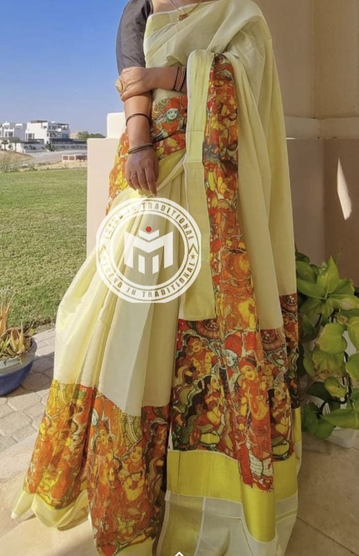 Kerala Golden Tissue saree with Mural design printed Length 6.25mtrs with running blouse Kerala Saree Onam Saree Handmade Design