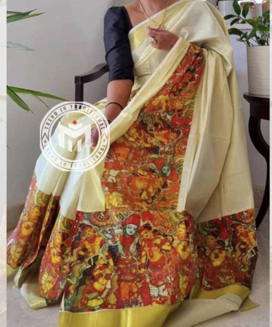 Kerala Golden Tissue saree with Mural design printed Length 6.25mtrs with running blouse Kerala Saree Onam Saree Handmade Design