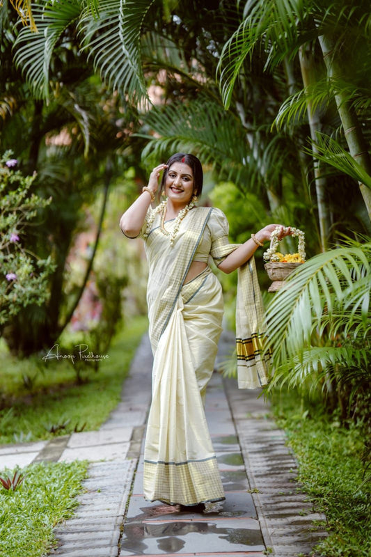 Kerala Special Doble Side Checked Golden Tissue Saree With Stitched Blouse or Blouse Material,Beautiful Kerala Designs,Onam,Vishu,Pooja