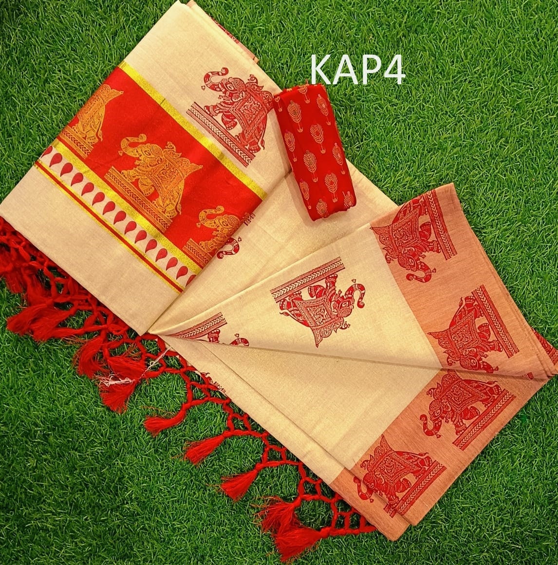 Kerala Traditional Golden Tissue Kunchalam Elephant print  Saree with stitched Blouse or Blouse Material Indian Saree Onam,vishu,Festival