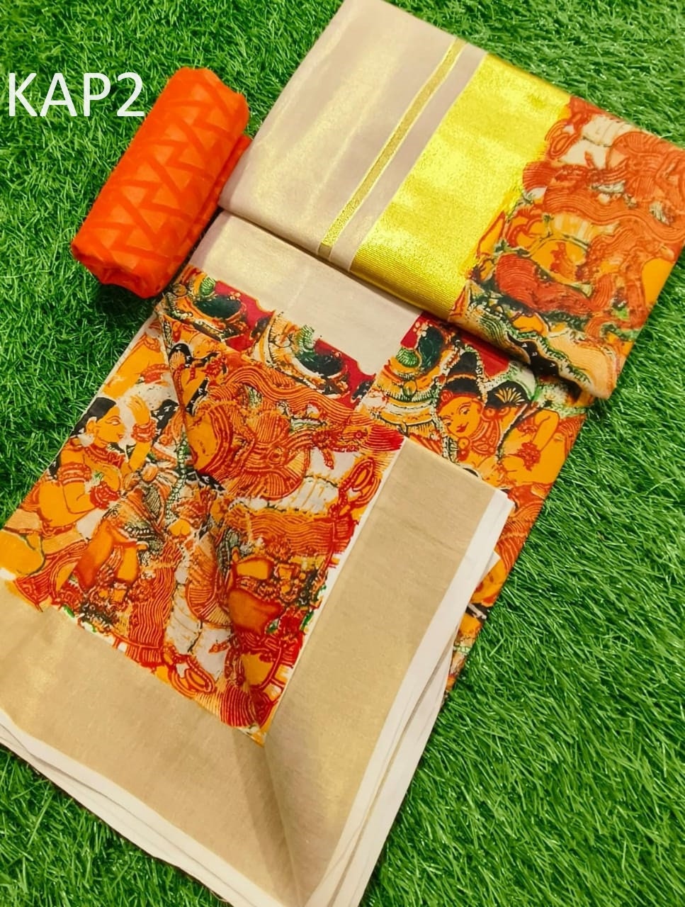 Kerala Traditional Tissue Chumar Chithram printed set saree with stitched Blouse or Blouse Material / Indian Saree, Kerala Saree, Onam Saree