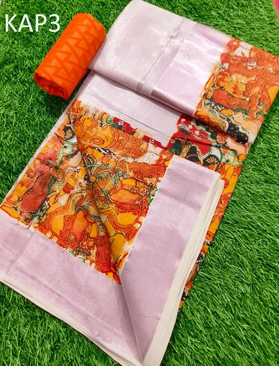 Kerala Traditional Tissue Chumar Chithram printed set saree with stitched Blouse or Blouse Material / Indian Saree, Kerala Saree, Onam Saree