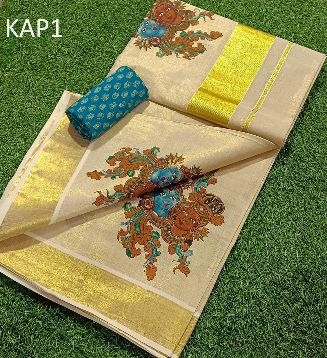 Golden Tissue mural printing saree with blouse material or ready to wear blouse, Kerala Onam, Birthday,vishu beautiful printed saree