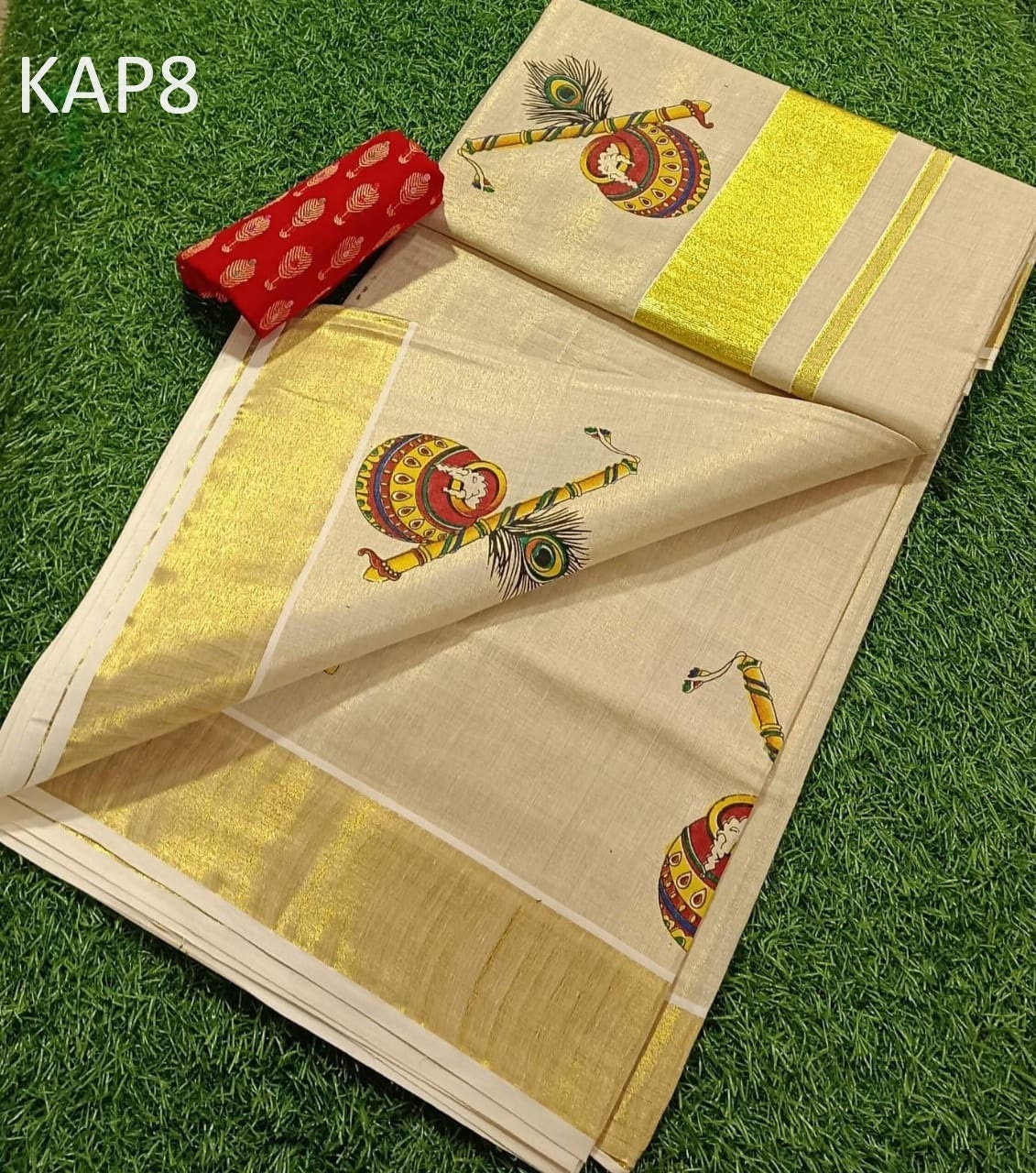 Golden Tissue mural printing saree with blouse material or ready to wear blouse, Kerala Onam, Birthday,vishu beautiful printed saree