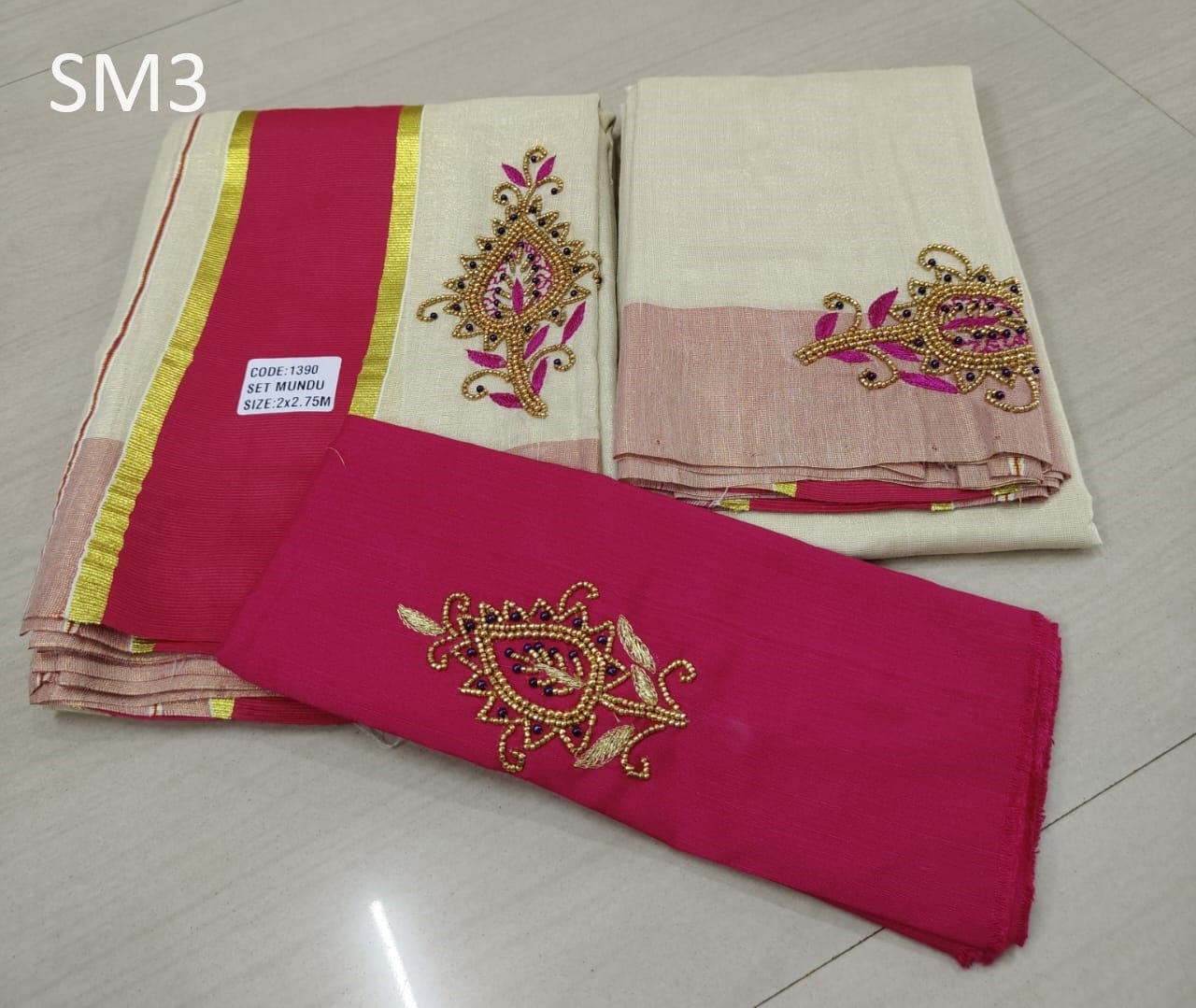 Kerala Special Tissue Aari Work Set Mundu 2.80 With Stitched Blouse or Blouse Material,Beautiful Kerala Designs,Onam,Vishu,Pooja.