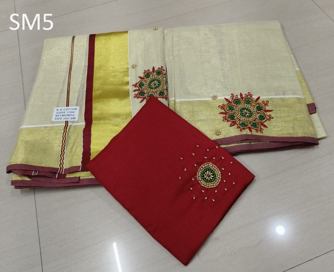 Kerala Special Tissue Aari Work Set Mundu 2.80 With Stitched Blouse or Blouse Material,Beautiful Kerala Designs,Onam,Vishu,Pooja.