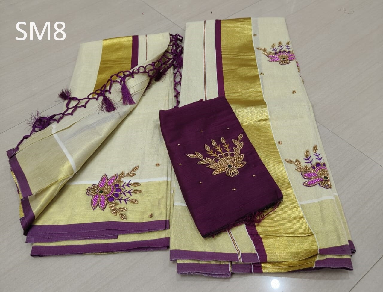 Kerala Special Tissue Aari Work Set Mundu 2.80 With Stitched Blouse or Blouse Material,Beautiful Kerala Designs,Onam,Vishu,Pooja.