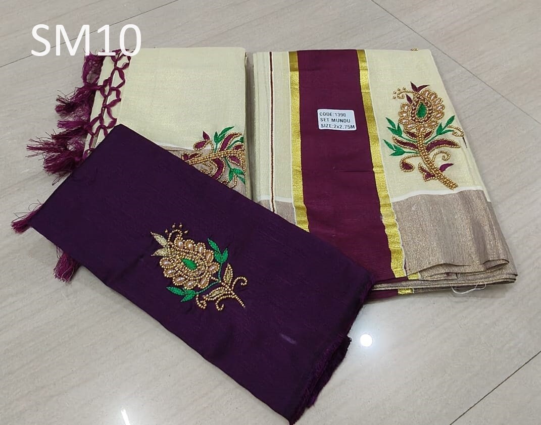 Kerala Special Tissue Aari Work Set Mundu 2.80 With Stitched Blouse or Blouse Material,Beautiful Kerala Designs,Onam,Vishu,Pooja.