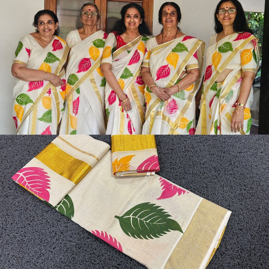 Kerala special Leaf Multi colour Golden tissue set mundu Hand Work With Stitched Blouse or Blouse Material, Kerala Designs,Onam,vishu