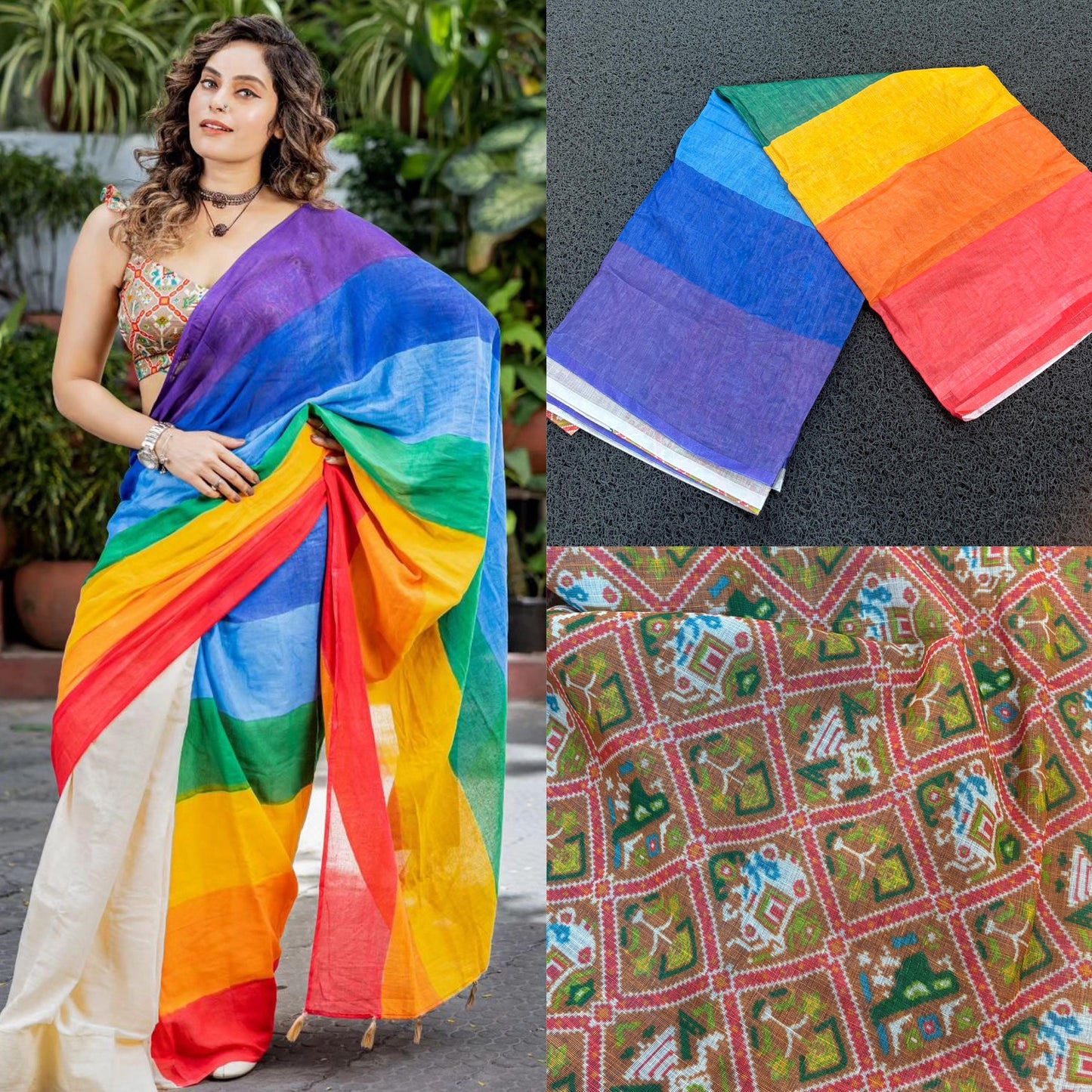 Kerala Special Rainbow Saree with Contrast Fleets With Stitched Blouse or Blouse Material for Onam,Vishu,Christmas,party wear.