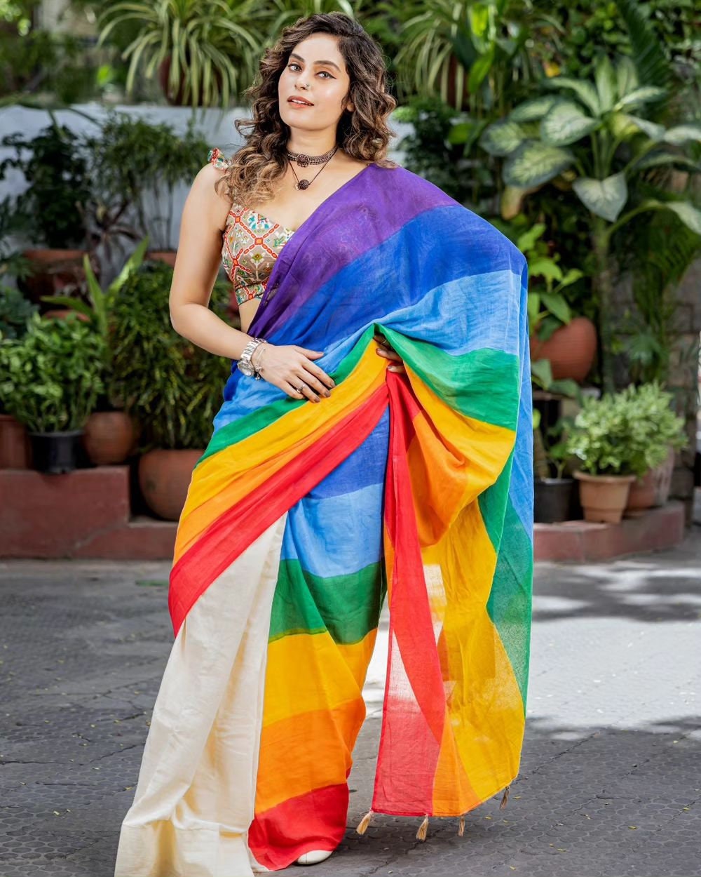 Kerala Special Rainbow Saree with Contrast Fleets With Stitched Blouse or Blouse Material for Onam,Vishu,Christmas,party wear.