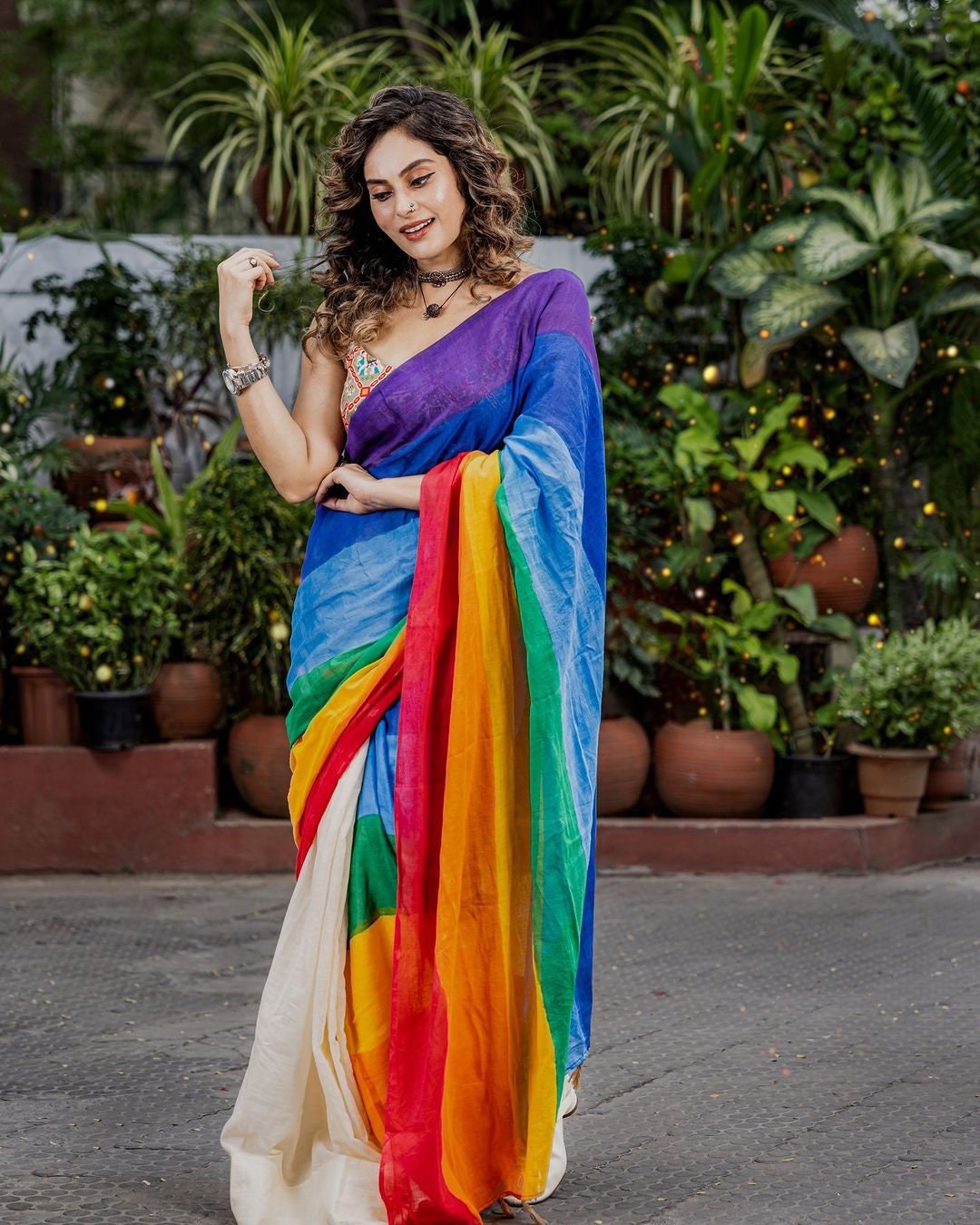 Kerala Special Rainbow Saree with Contrast Fleets With Stitched Blouse or Blouse Material for Onam,Vishu,Christmas,party wear.