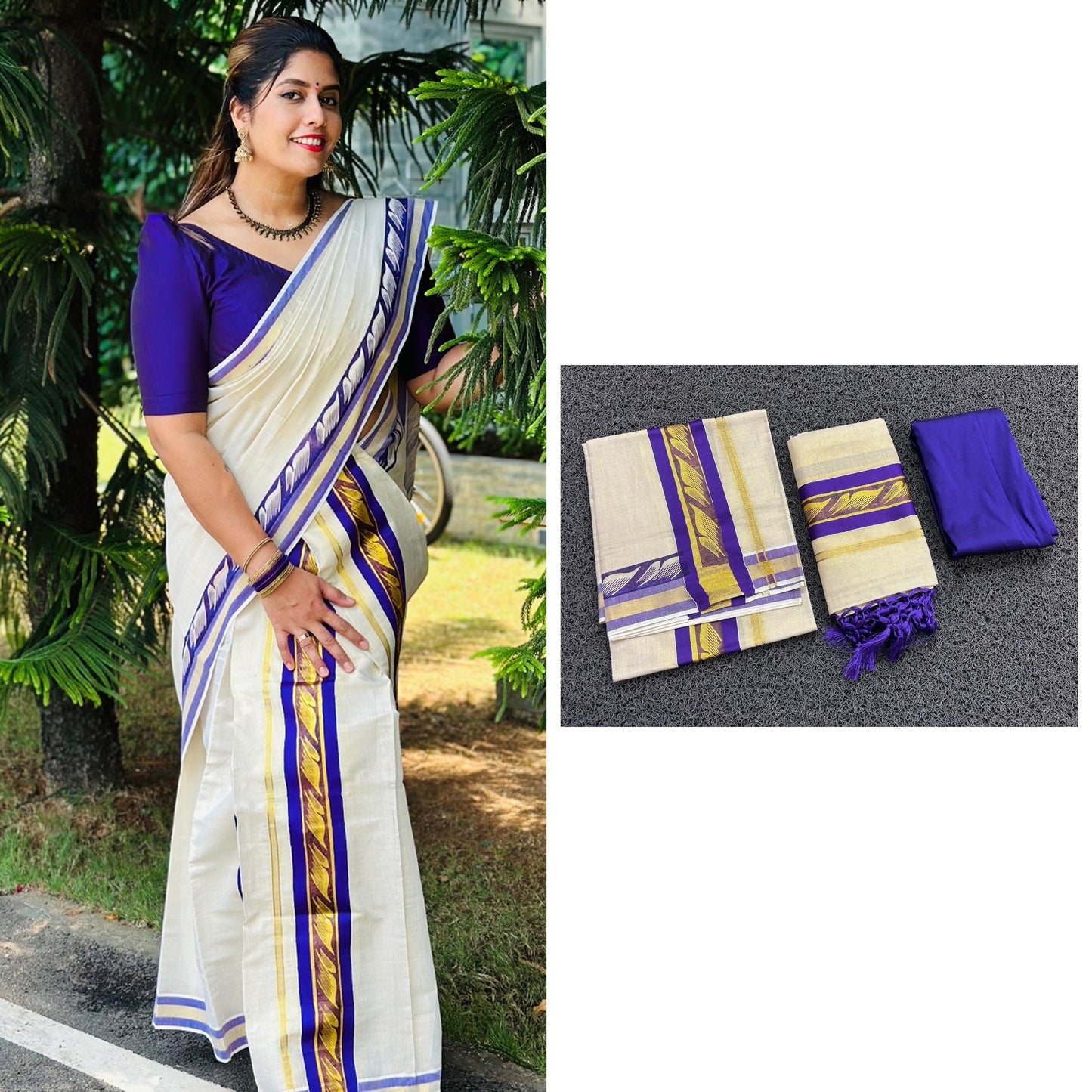 Kerala Special Mandaram Golden Tissue Set Mundu With Stitched Blouse or Blouse Material,Beautiful Kerala Designs,Onam,Vishu,Pooja.