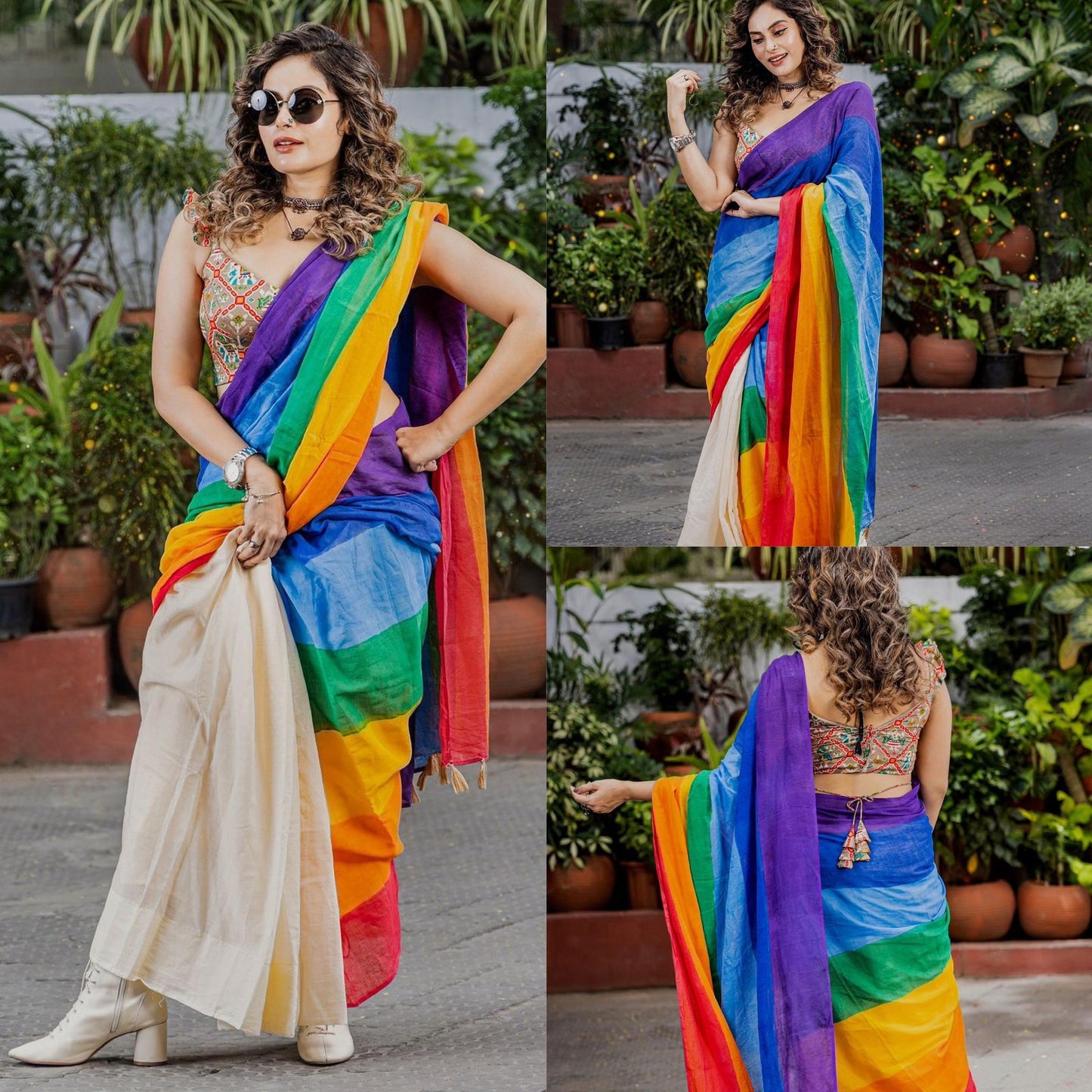 Kerala Special Rainbow Saree with Contrast Fleets With Stitched Blouse or Blouse Material for Onam,Vishu,Christmas,party wear.