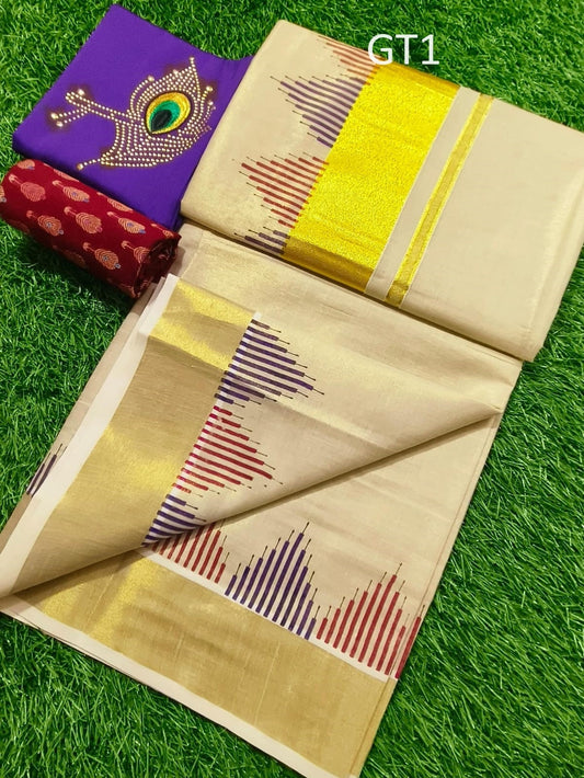 Kerala Special Tissue printed Golden tissue saree 6.25 mtr With Stitched Blouse or Blouse Material,Beautiful Kerala Design,Onam,Vishu,Pooja.