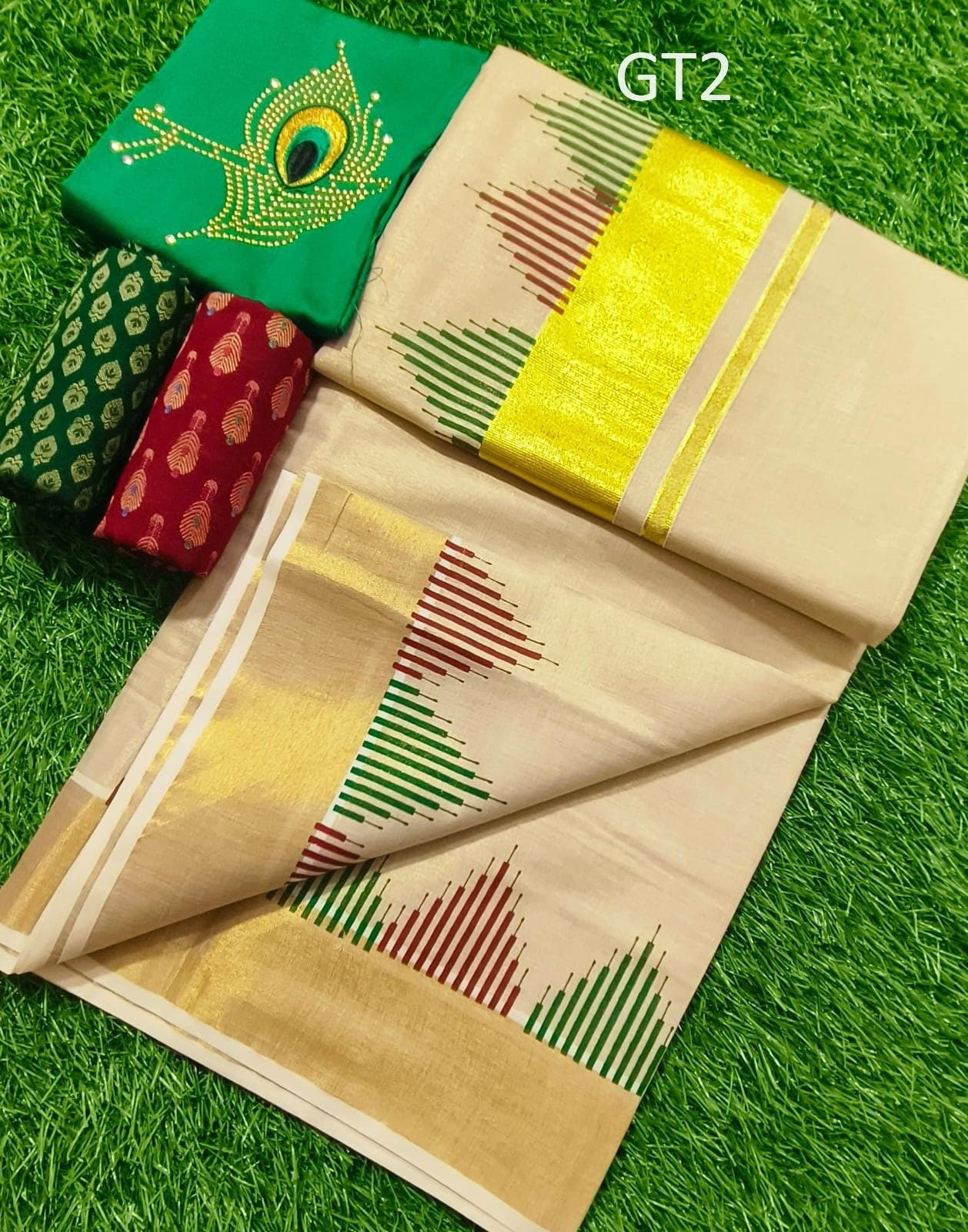 Kerala Special Tissue printed Golden tissue saree 6.25 mtr With Stitched Blouse or Blouse Material,Beautiful Kerala Design,Onam,Vishu,Pooja.