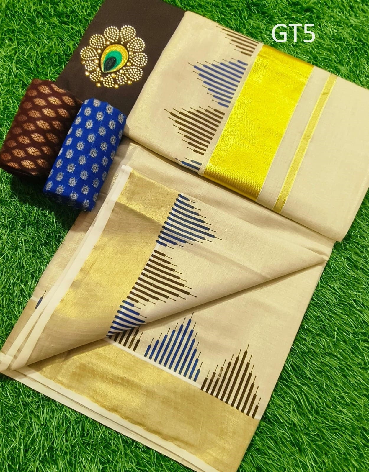 Kerala Special Tissue printed Golden tissue saree 6.25 mtr With Stitched Blouse or Blouse Material,Beautiful Kerala Design,Onam,Vishu,Pooja.