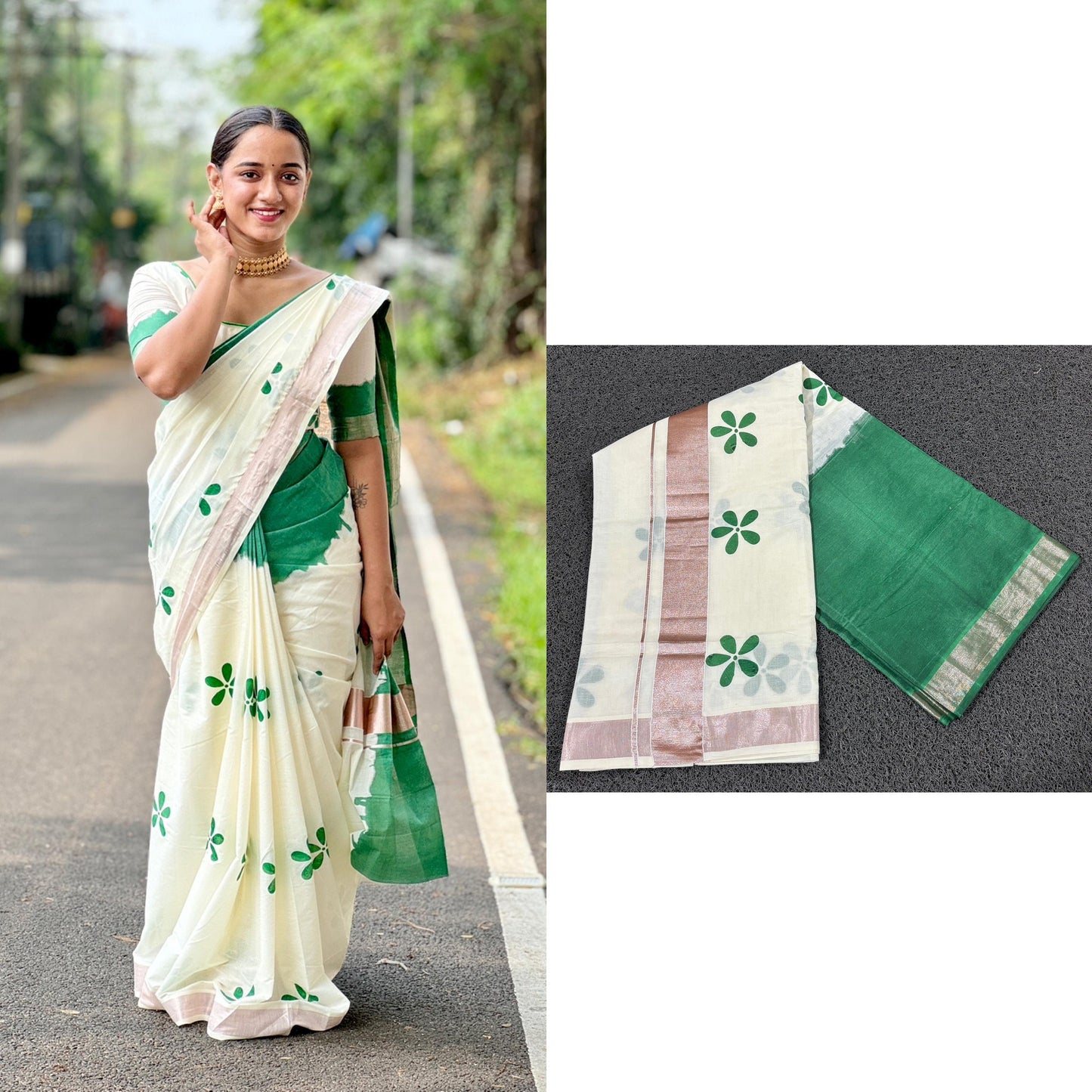 Kerala special Pranakshi Cotton Saree With Stitched Blouse or Blouse Material, 6.25 mtr Beautiful Kerala Designs,Onam,Vishu,Pooja Wedding