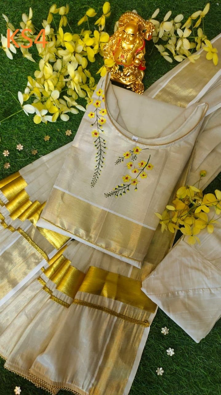 Golden Tissue Slitted Kurti set( Top,Pant and Duppatta),Stitched Handworked Churidar set,Sizes from Small to 10XL,Onam,vishu,Marriage wear.