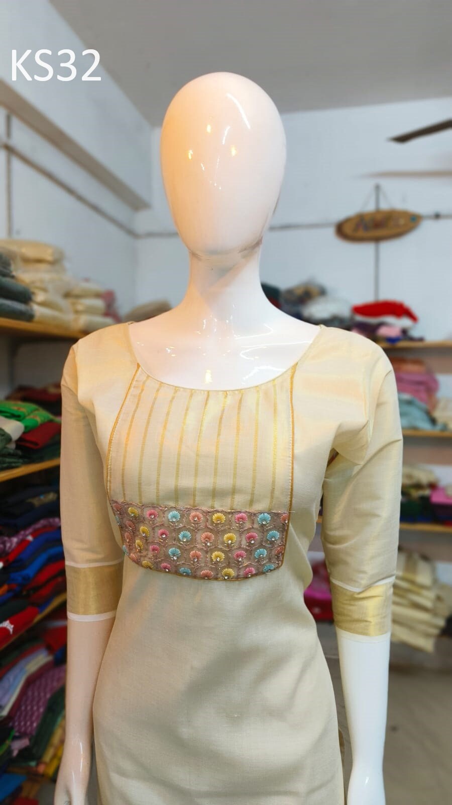 Golden Tissue Slitted Kurti set( Top,Pant and Duppatta),Stitched Handworked Churidar set,Sizes from Small to 10XL,Onam,vishu,Marriage wear.