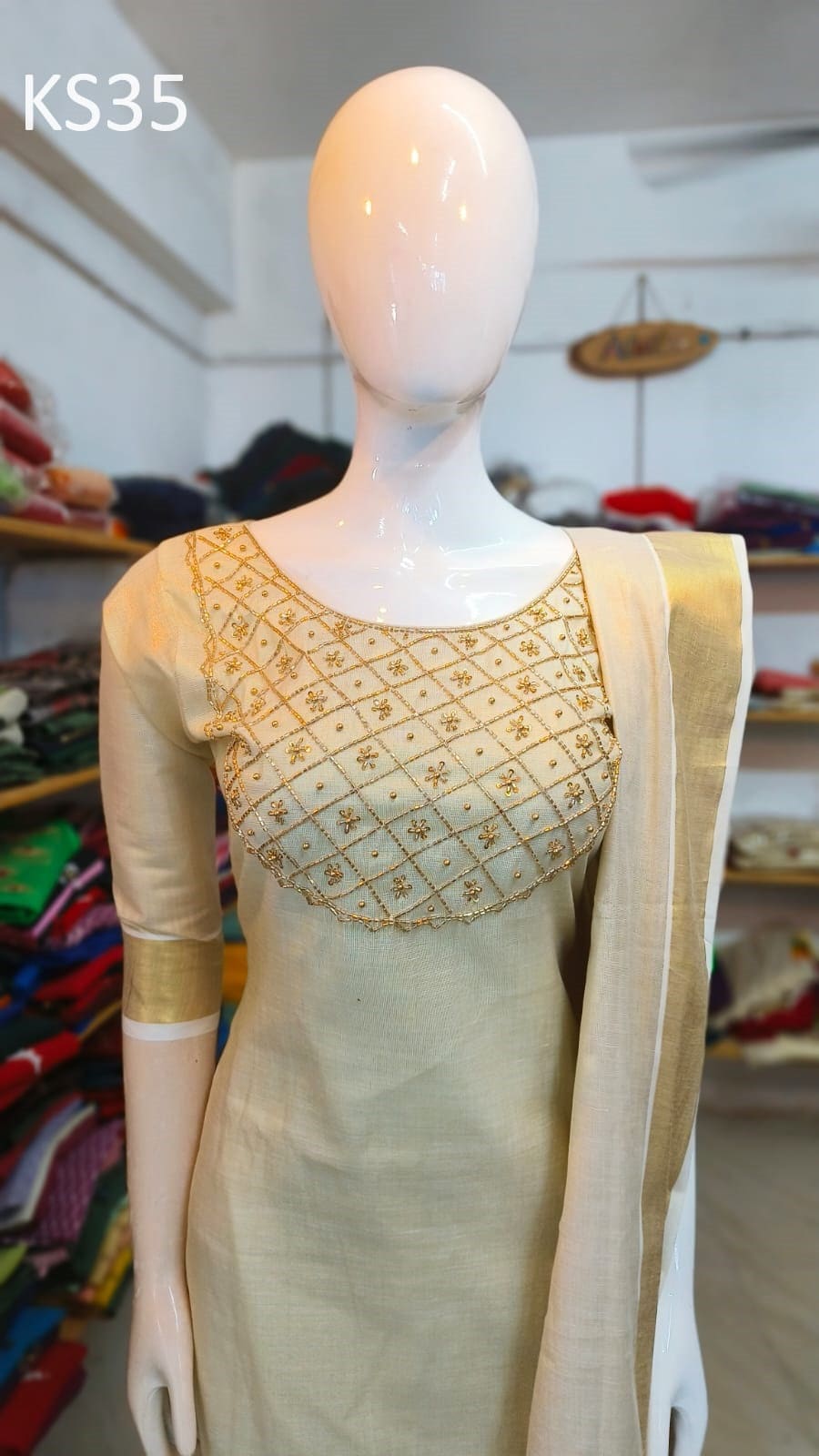 Golden Tissue Slitted Kurti set( Top,Pant and Duppatta),Stitched Handworked Churidar set,Sizes from Small to 10XL,Onam,vishu,Marriage wear.