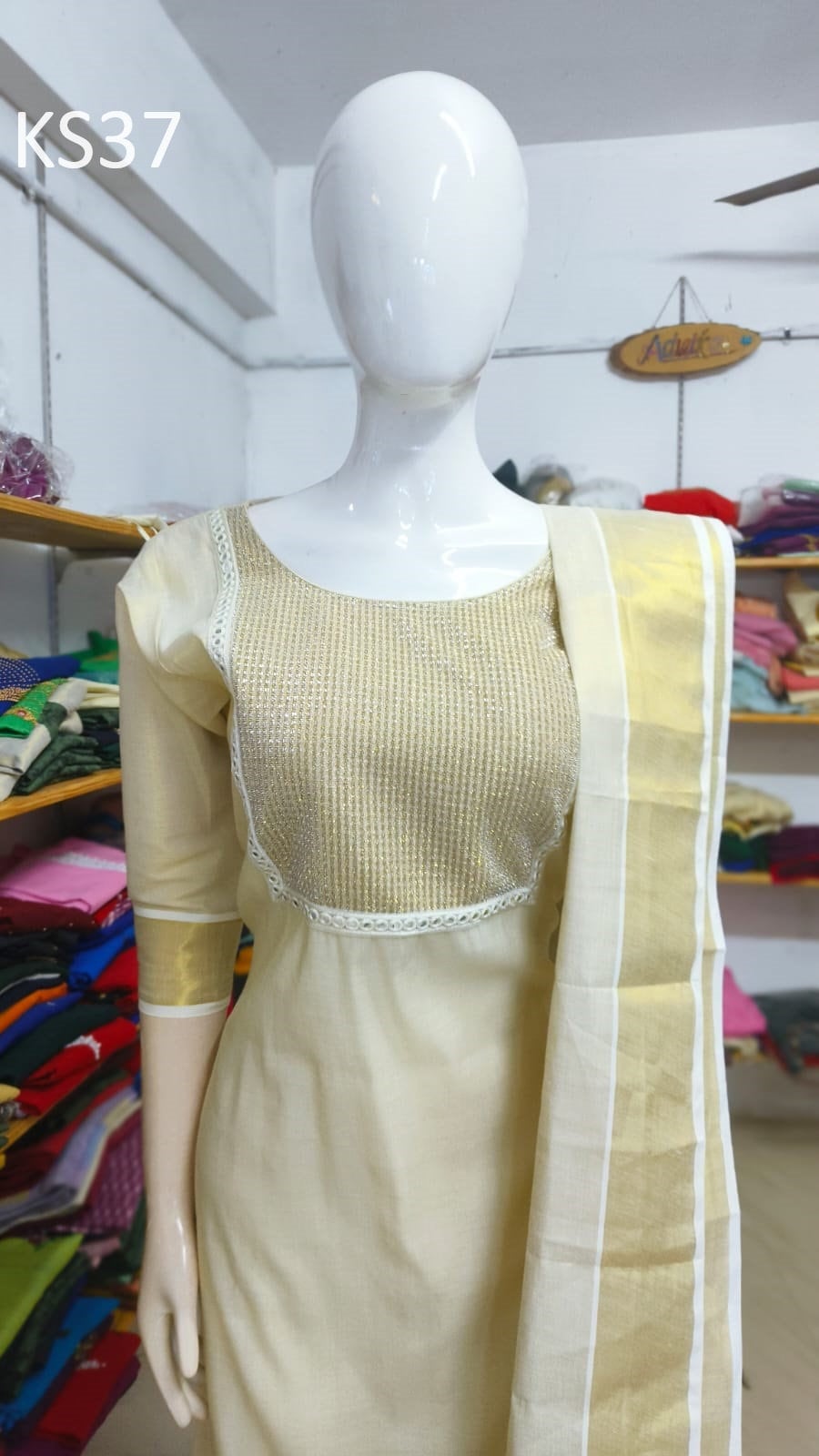 Golden Tissue Slitted Kurti set( Top,Pant and Duppatta),Stitched Handworked Churidar set,Sizes from Small to 10XL,Onam,vishu,Marriage wear.