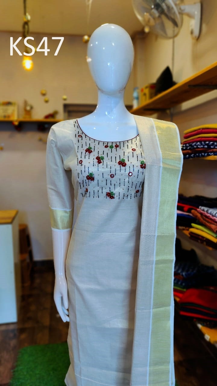 Golden Tissue Slitted Kurti set( Top,Pant and Duppatta),Stitched Handworked Churidar set,Sizes from Small to 10XL, Onam,vishu,Marriage wear.