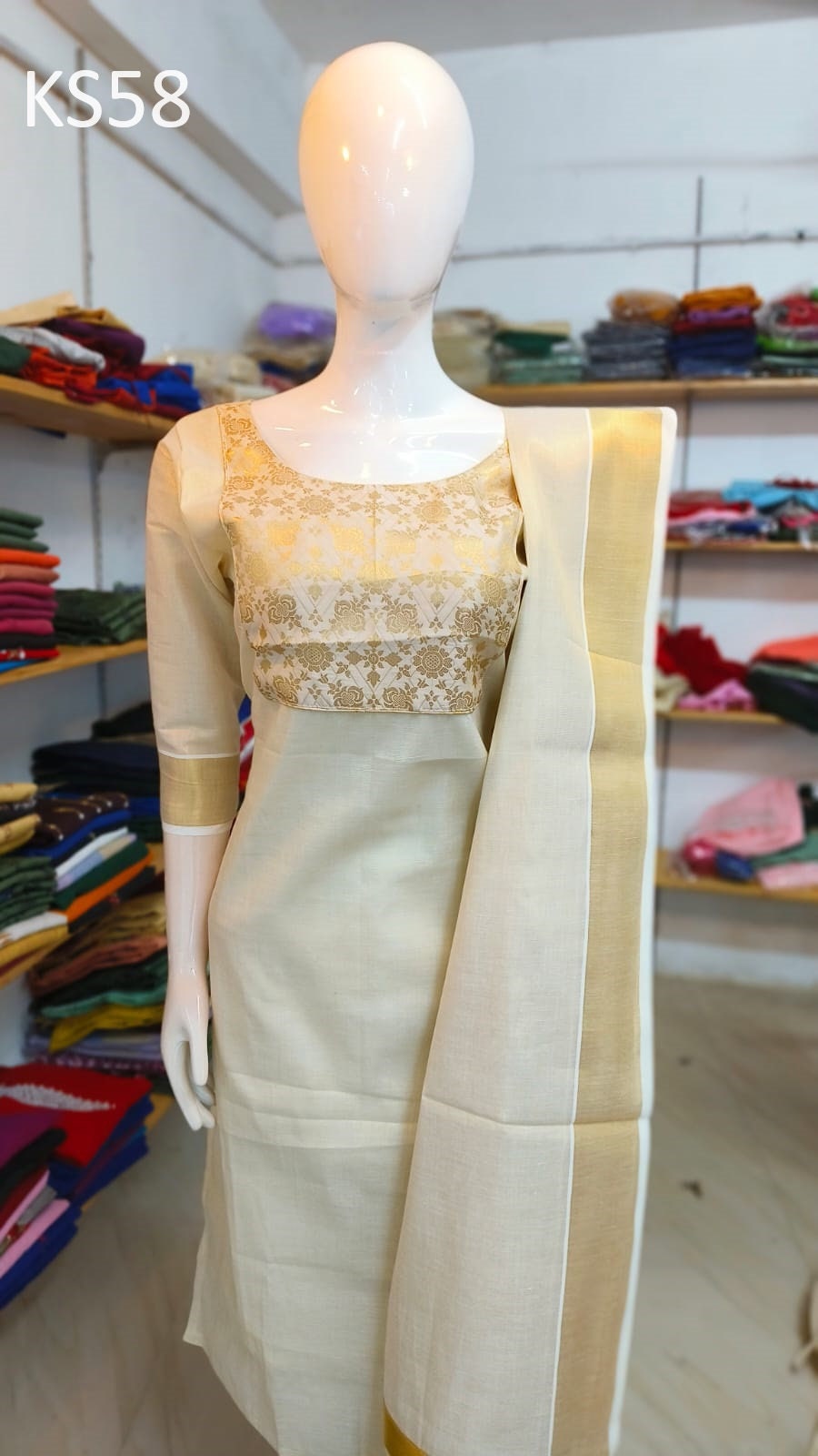 Golden Tissue Slitted Kurti set( Top,Pant and Duppatta),Stitched Handworked Churidar set,Sizes from Small to 10XL,Onam,vishu,Marriage wear.