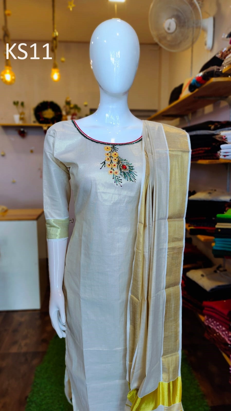 Golden Tissue Slitted Kurti set( Top,Pant and Duppatta),Stitched Handworked Churidar set,Sizes from Small to 10XL, Onam,vishu,Marriage wear.