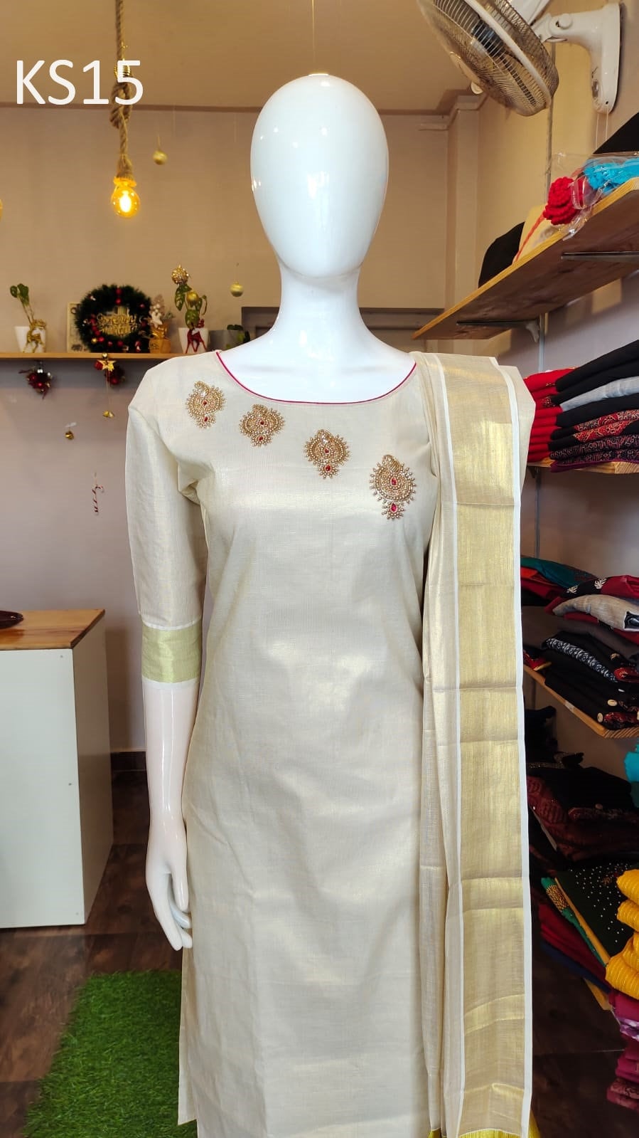 Golden Tissue Slitted Kurti set( Top,Pant and Duppatta),Stitched Handworked Churidar set,Sizes from Small to 10XL, Onam,vishu,Marriage wear.