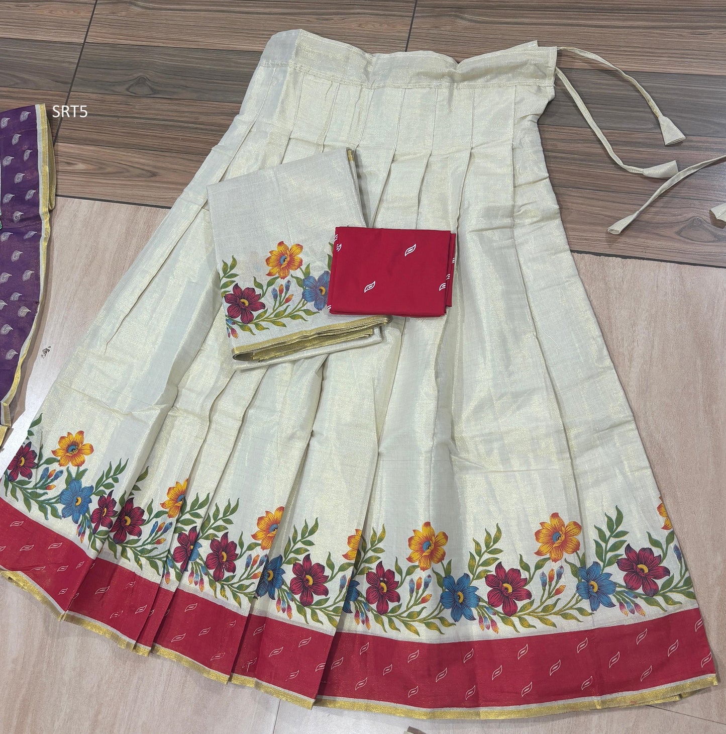 Onam Special Floral Golden Tissue Davani Set, Skirt Stiched, Traditional Girls clothing,Handmade Design,Onam,Vishu,Party,Temple,Festival