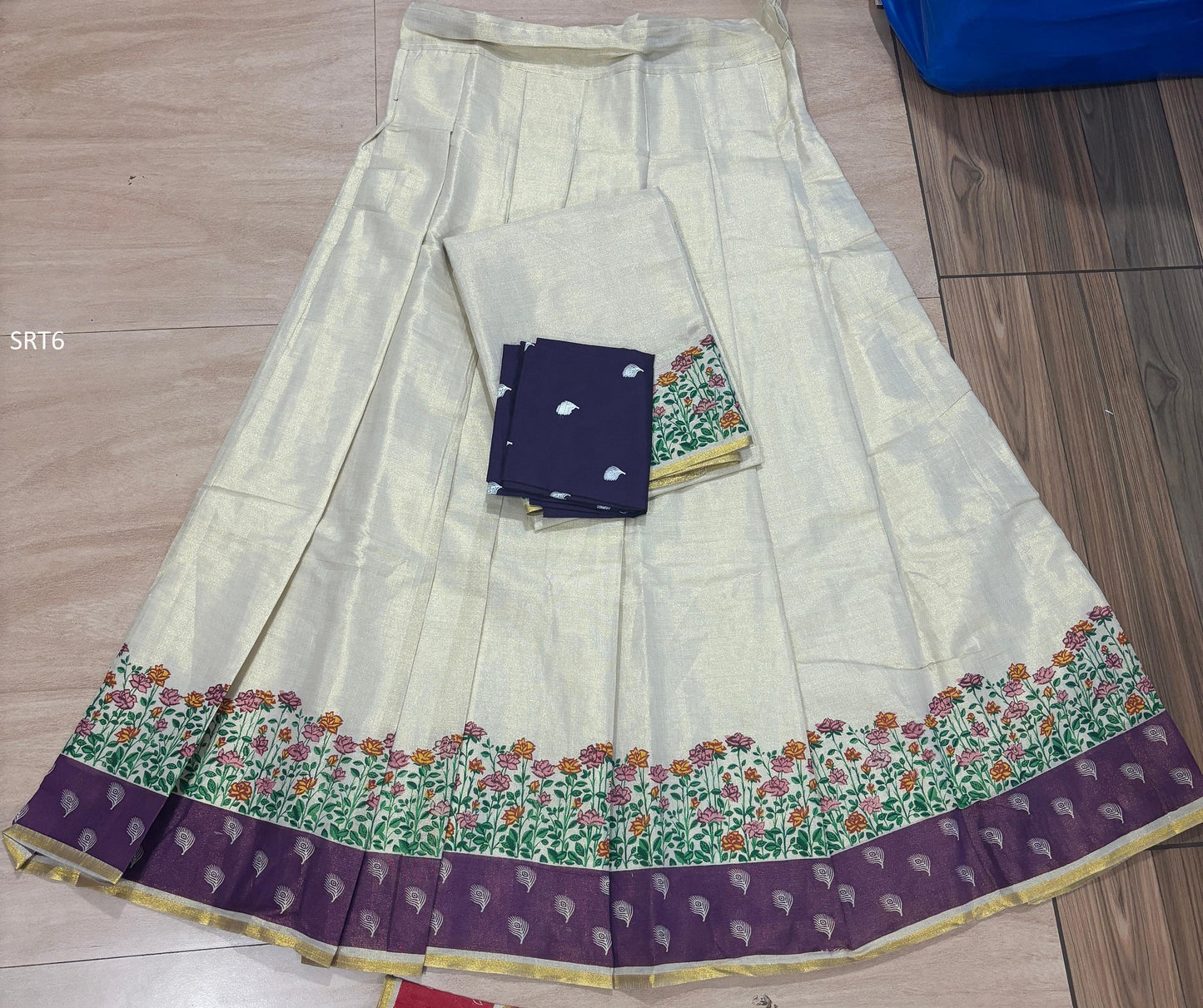 Onam Special Floral Golden Tissue Davani Set, Skirt Stiched, Traditional Girls clothing,Handmade Design,Onam,Vishu,Party,Temple,Festival