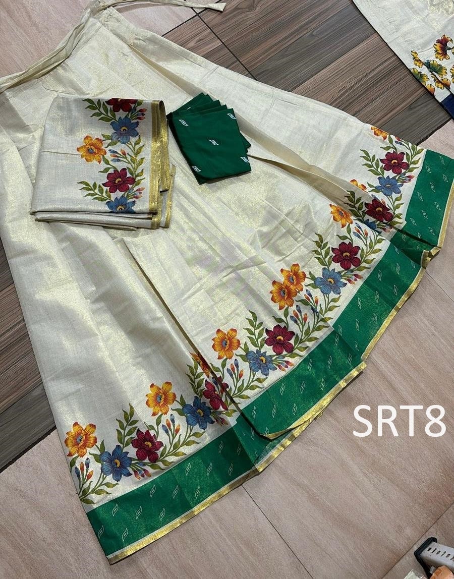 Onam Special Floral Golden Tissue Davani Set, Skirt Stiched, Traditional Girls clothing,Handmade Design,Onam,Vishu,Party,Temple,Festival