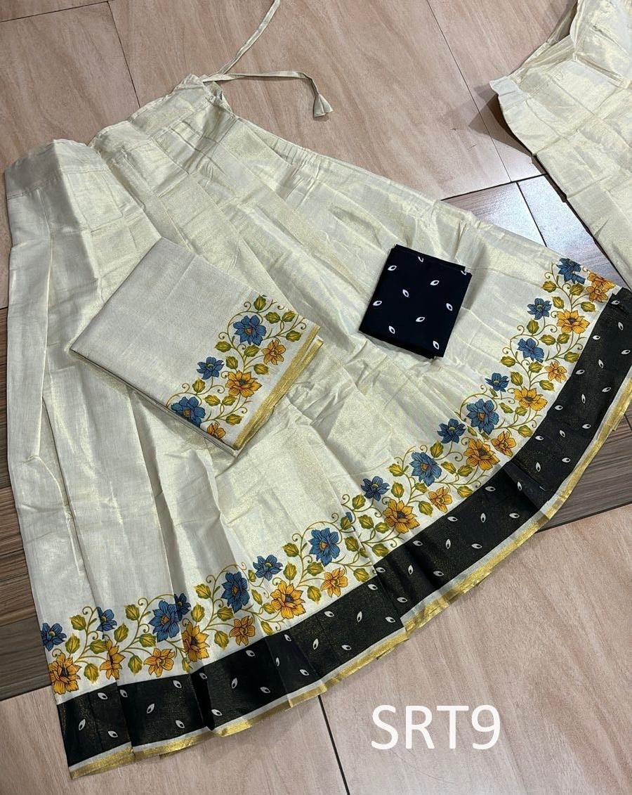 Onam Special Floral Golden Tissue Davani Set, Skirt Stiched, Traditional Girls clothing,Handmade Design,Onam,Vishu,Party,Temple,Festival