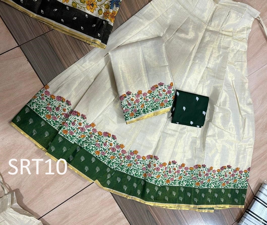 Onam Special Floral Golden Tissue Davani Set, Skirt Stiched, Traditional Girls clothing,Handmade Design,Onam,Vishu,Party,Temple,Festival