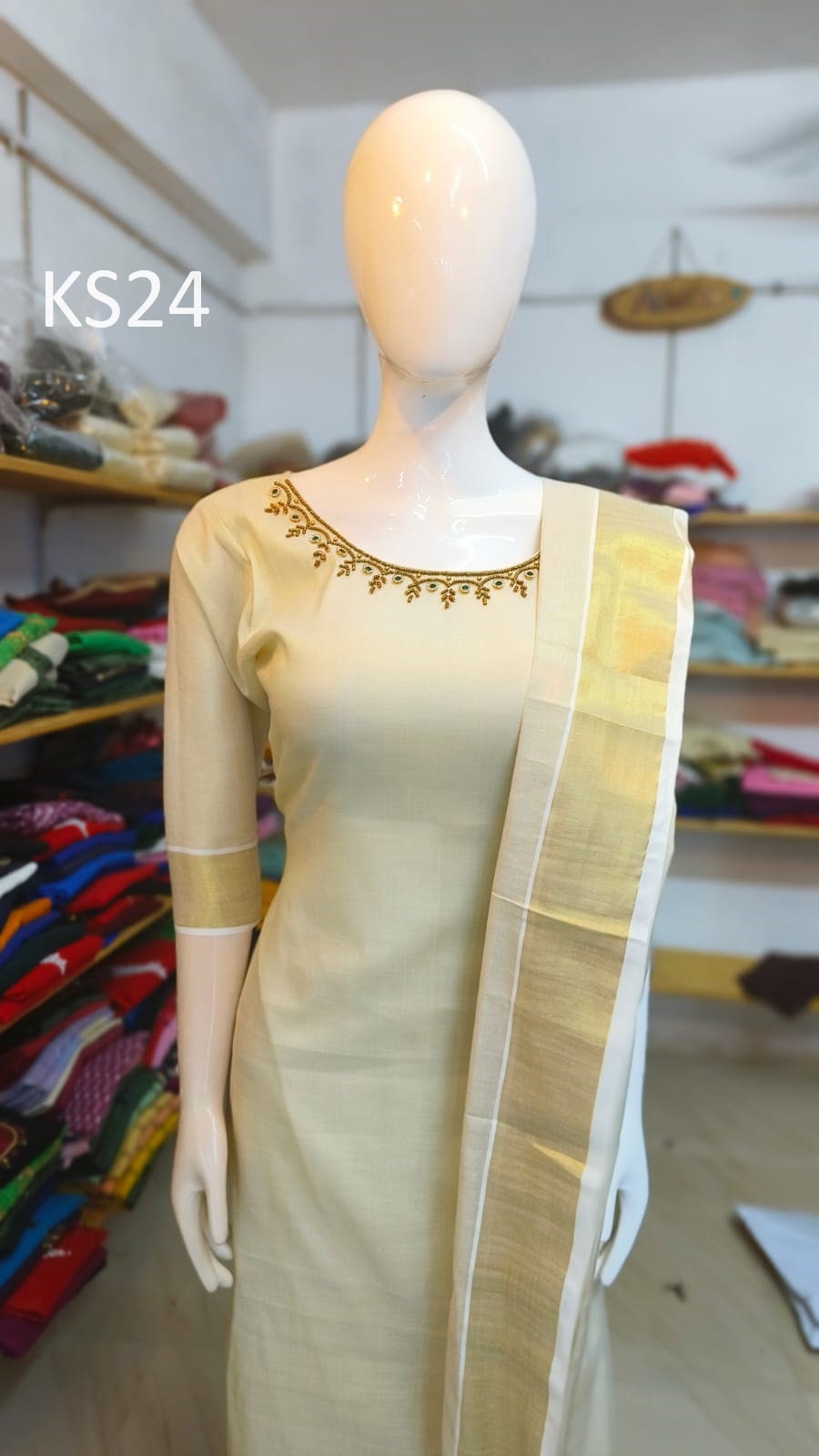 Golden Tissue Slitted Kurti set( Top,Pant and Duppatta),Stitched Handworked Churidar set,Sizes from Small to 10XL, Onam,vishu,Marriage wear.