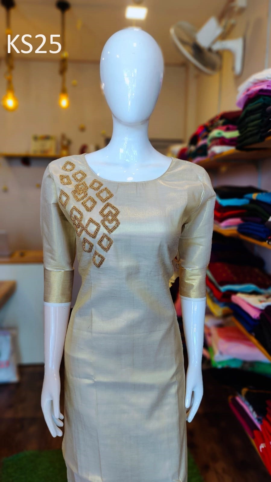 Golden Tissue Slitted Kurti set( Top,Pant and Duppatta),Stitched Handworked Churidar set,Sizes from Small to 10XL, Onam,vishu,Marriage wear.