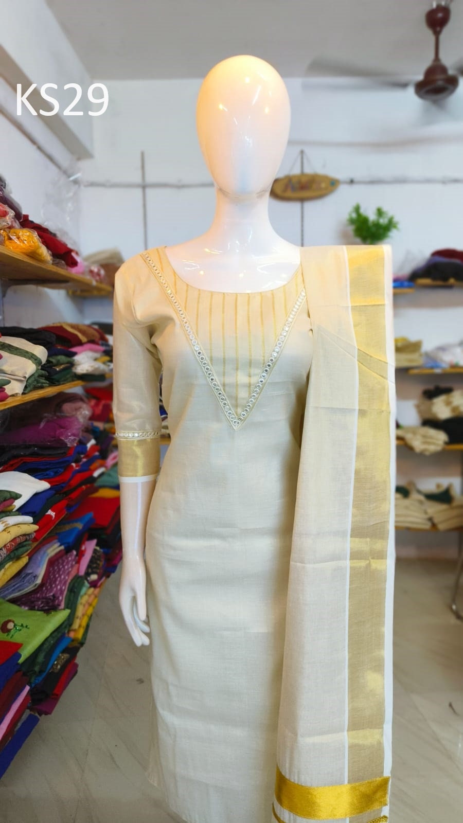 Golden Tissue Slitted Kurti set( Top,Pant and Duppatta),Stitched Handworked Churidar set,Sizes from Small to 10XL, Onam,vishu,Marriage wear.