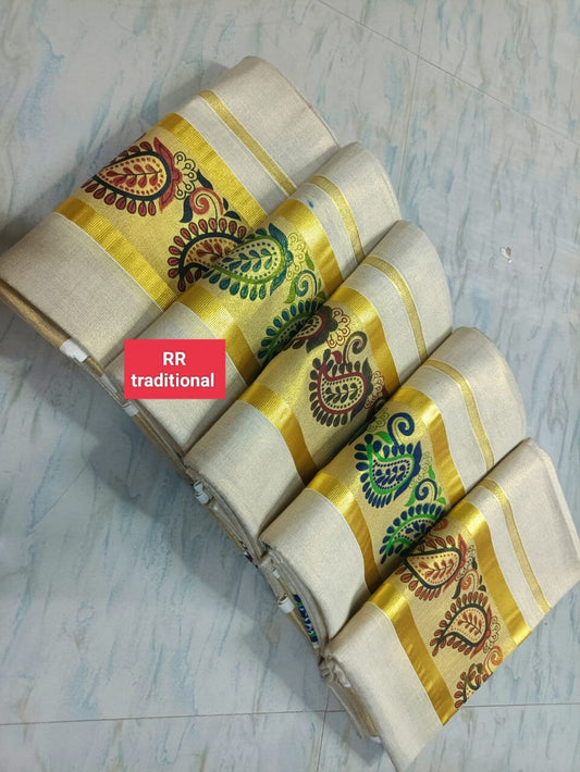 Kerala Special Tissue Printed Set Mundu 2.80 With Stitched Blouse or Blouse Material,Beautiful Kerala Designs,Onam,Vishu,Pooja.