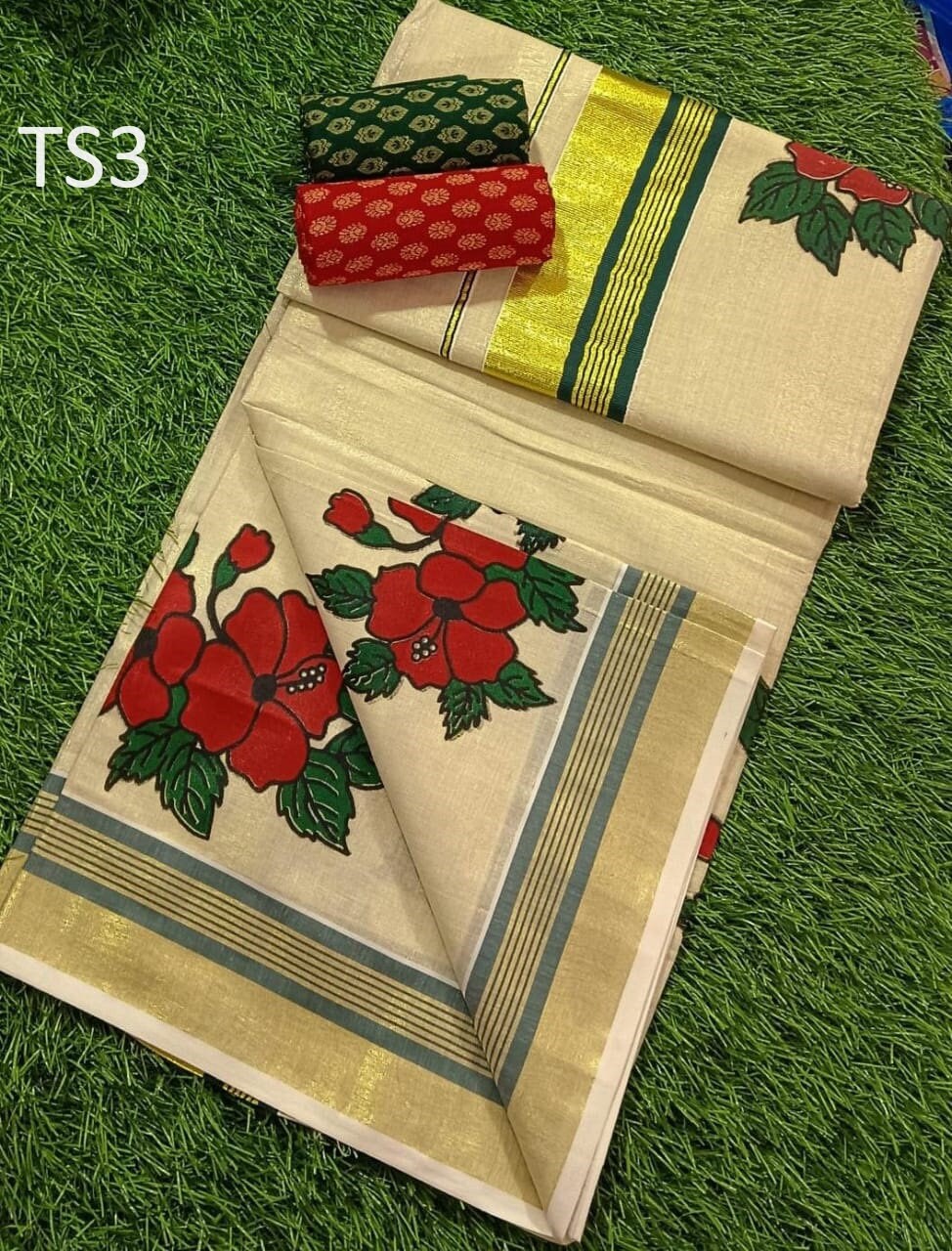 Kerala Fancy Tissue saree with stitched Blouse or Blouse Material / Indian Saree, Kerala Saree, Onam ,vishu ,any festival occasion saree