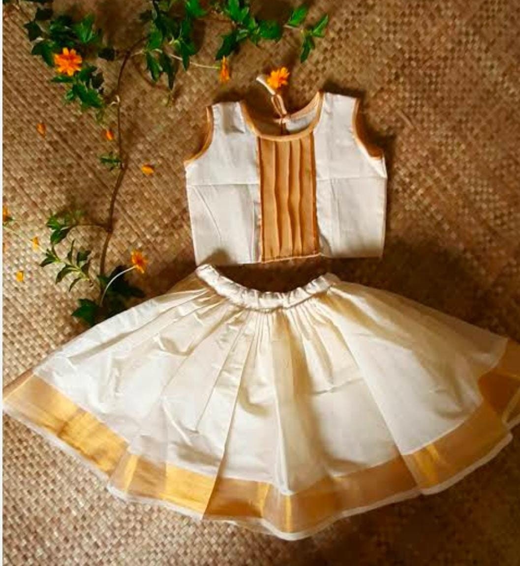 Tissue Skirt Top Onam Kids Skirt Top with cotton lining Onam Special Dress,Pooja,Marriage,Birthday Wear,party wear other festival occasion