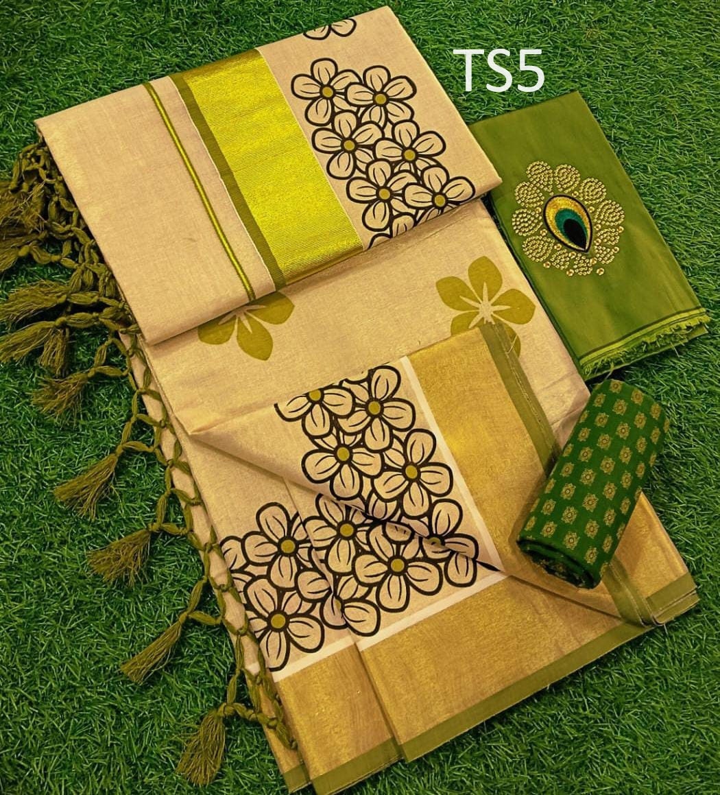 Kerala Tissue saree 6.25 mtr Flower work Kerala Saree Onam Saree Handmade Design festive occasions,marriage,onam,vishu Occasions.