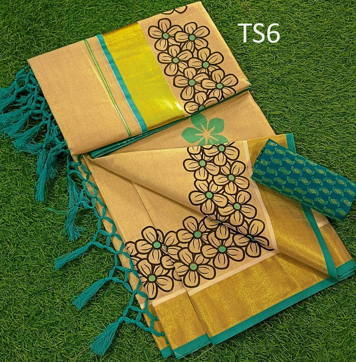 Kerala Tissue saree 6.25 mtr Flower work Kerala Saree Onam Saree Handmade Design festive occasions,marriage,onam,vishu Occasions.