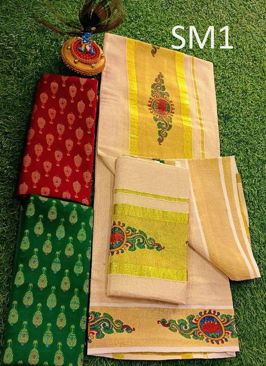 Kerala Special Golden Tissue Hand Work Set Mundu 2.80 With Stitched Blouse or Blouse Material,Beautiful Kerala Designs,Onam,Vishu,Pooja.